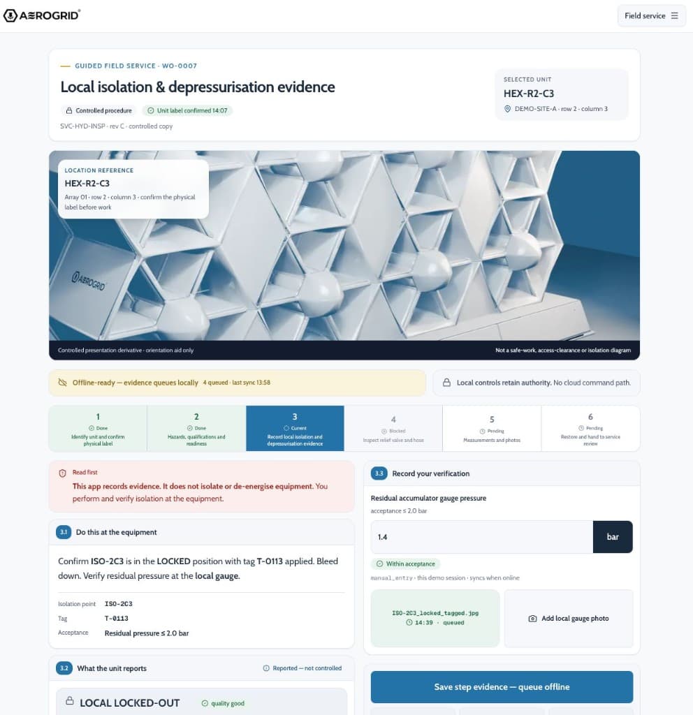AEROGRID PULSE guided field service for WO-0007 — local isolation and depressurisation evidence on HEX-R2-C3