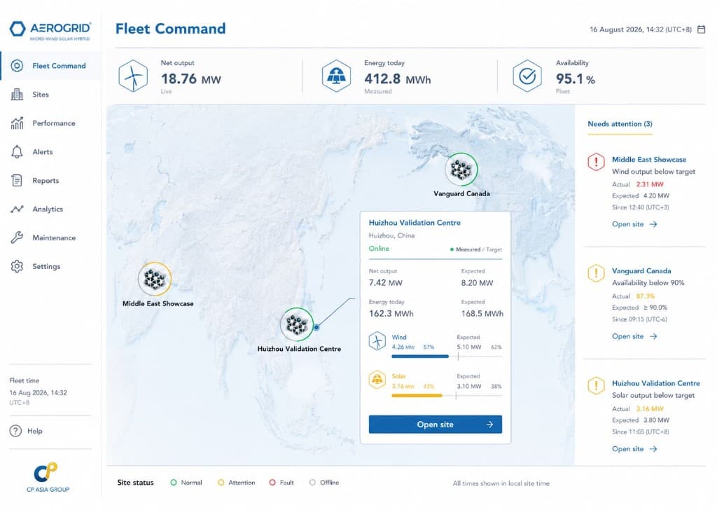AEROGRID PULSE Fleet Command — live net output, energy today and site alerts across the global fleet